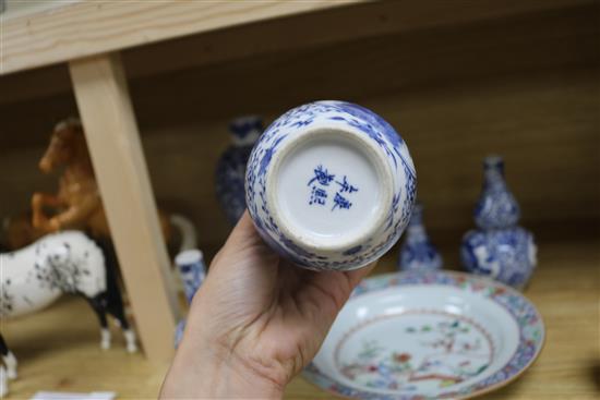 Two pairs of blue and white Chinese vases, two others and a dish tallest 23cm